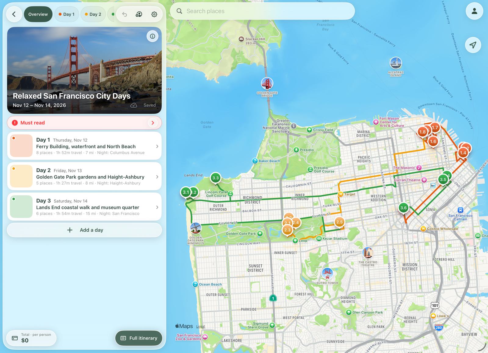 Rovego on iPad: day cards beside the route map for a San Francisco trip