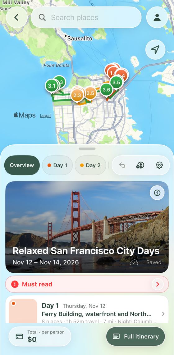 Rovego on iPhone: route map above the day cards